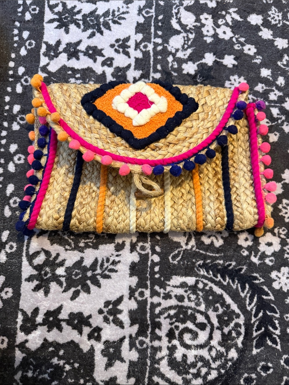 Boho Pom-Pom Straw Clutch in Natural with Pink & Navy Accents